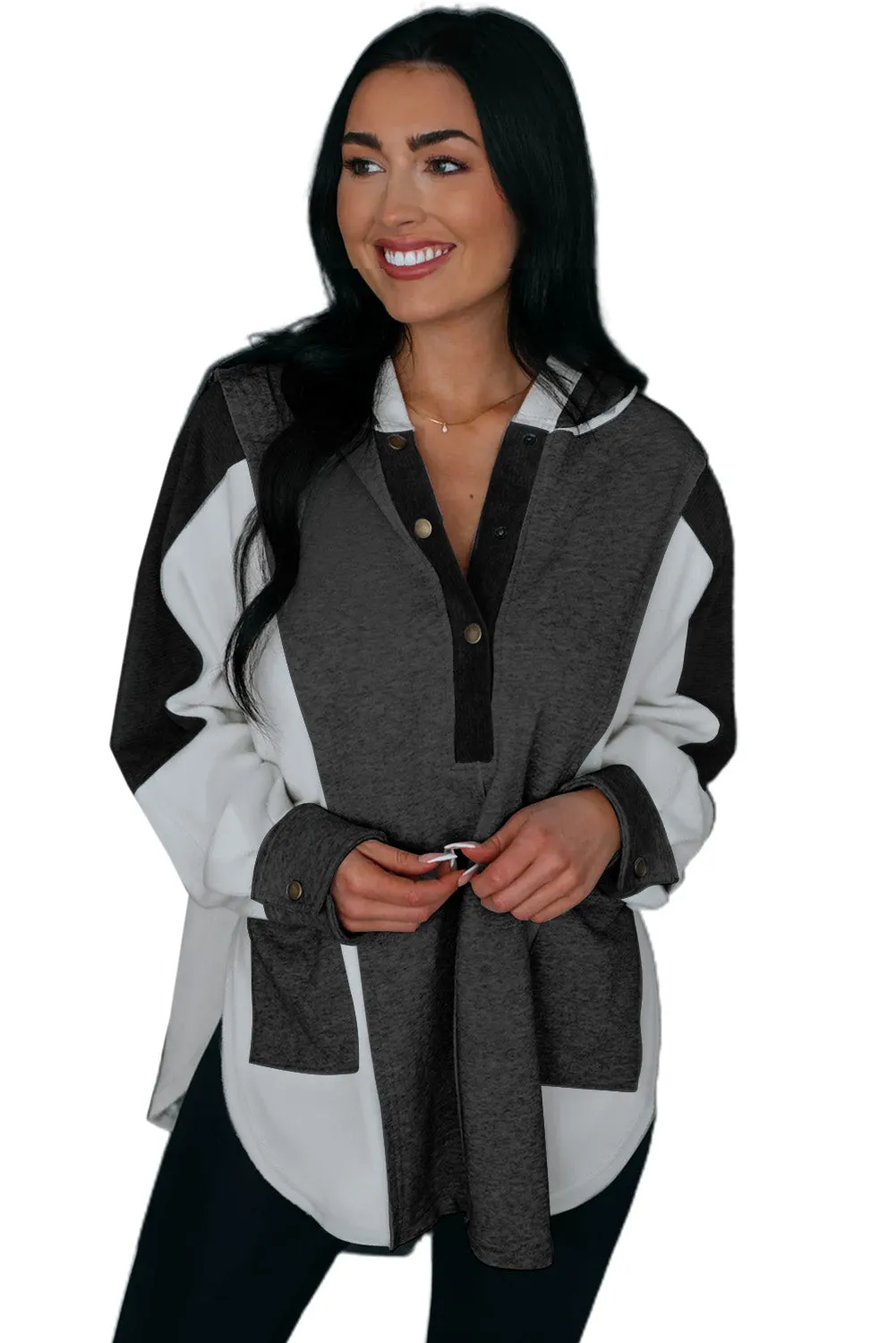 Black Color Block Exposed Seam Buttoned Neckline Hoodie
