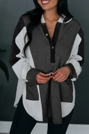 Black Color Block Exposed Seam Buttoned Neckline Hoodie