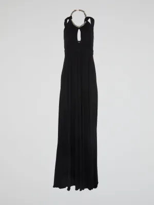Black Crystal Embellished Halter Neck Maxi Dress