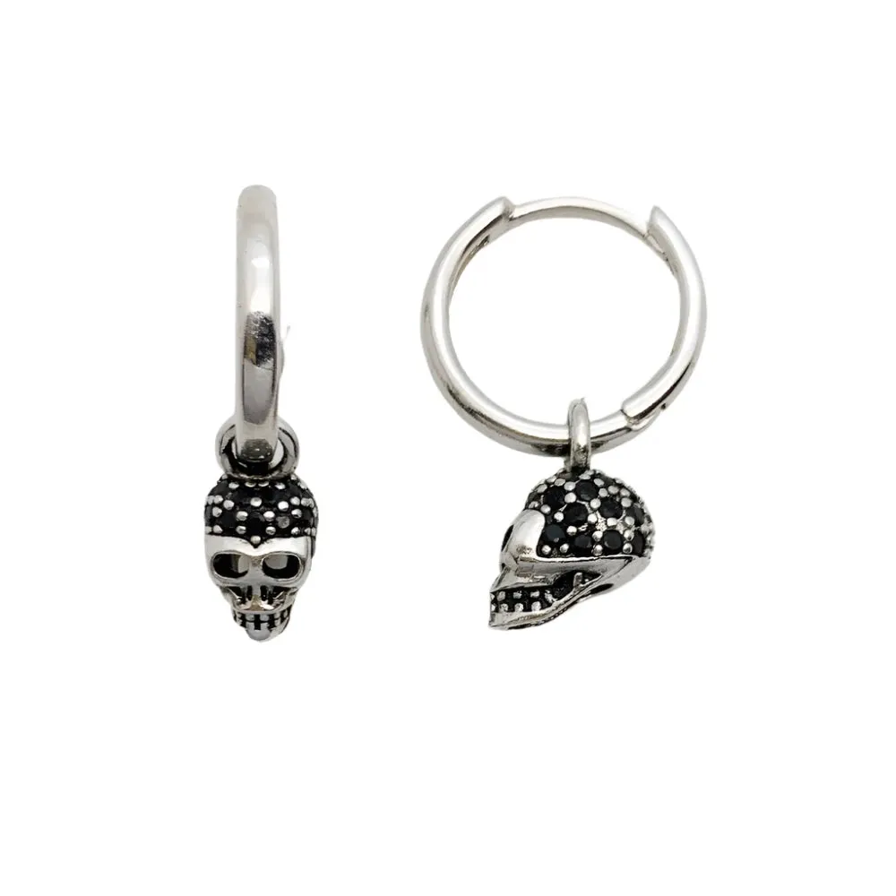 Black Diamond Pave Skull Hoop Earrings