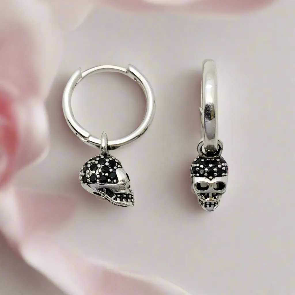 Black Diamond Pave Skull Hoop Earrings