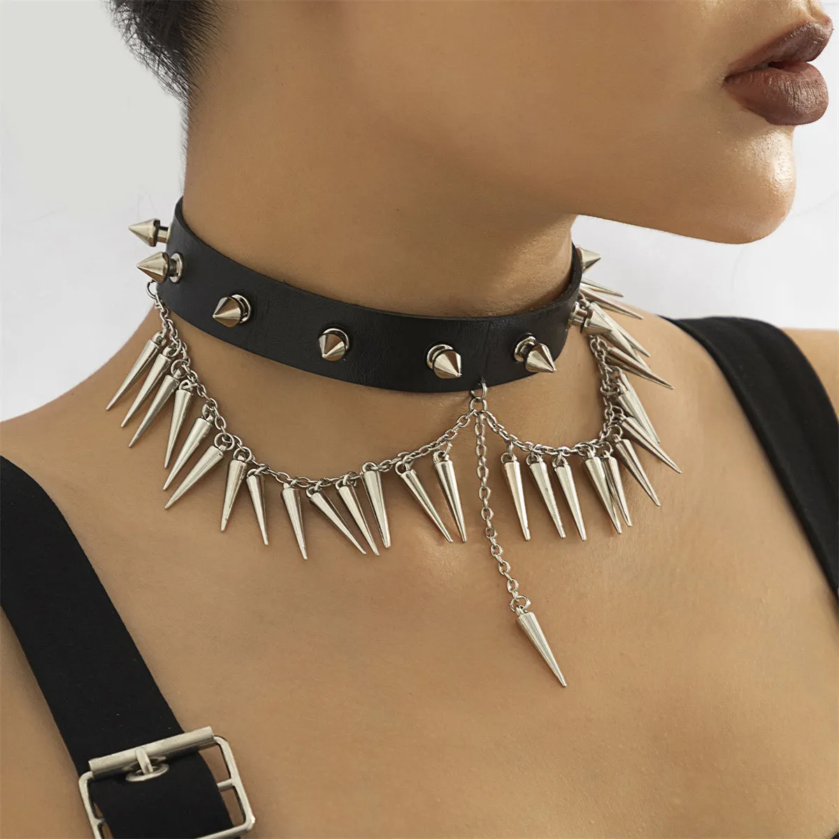 Black Polystyrene & Silver-Plated Spike Layered Choker Necklace