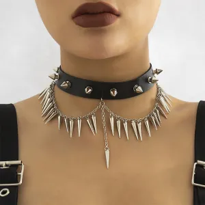 Black Polystyrene & Silver-Plated Spike Layered Choker Necklace