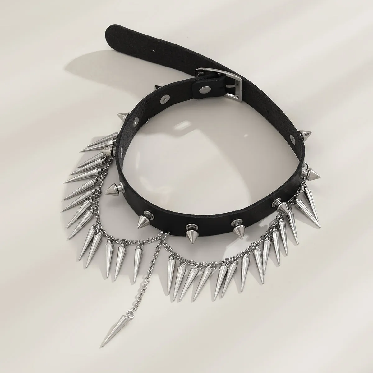 Black Polystyrene & Silver-Plated Spike Layered Choker Necklace