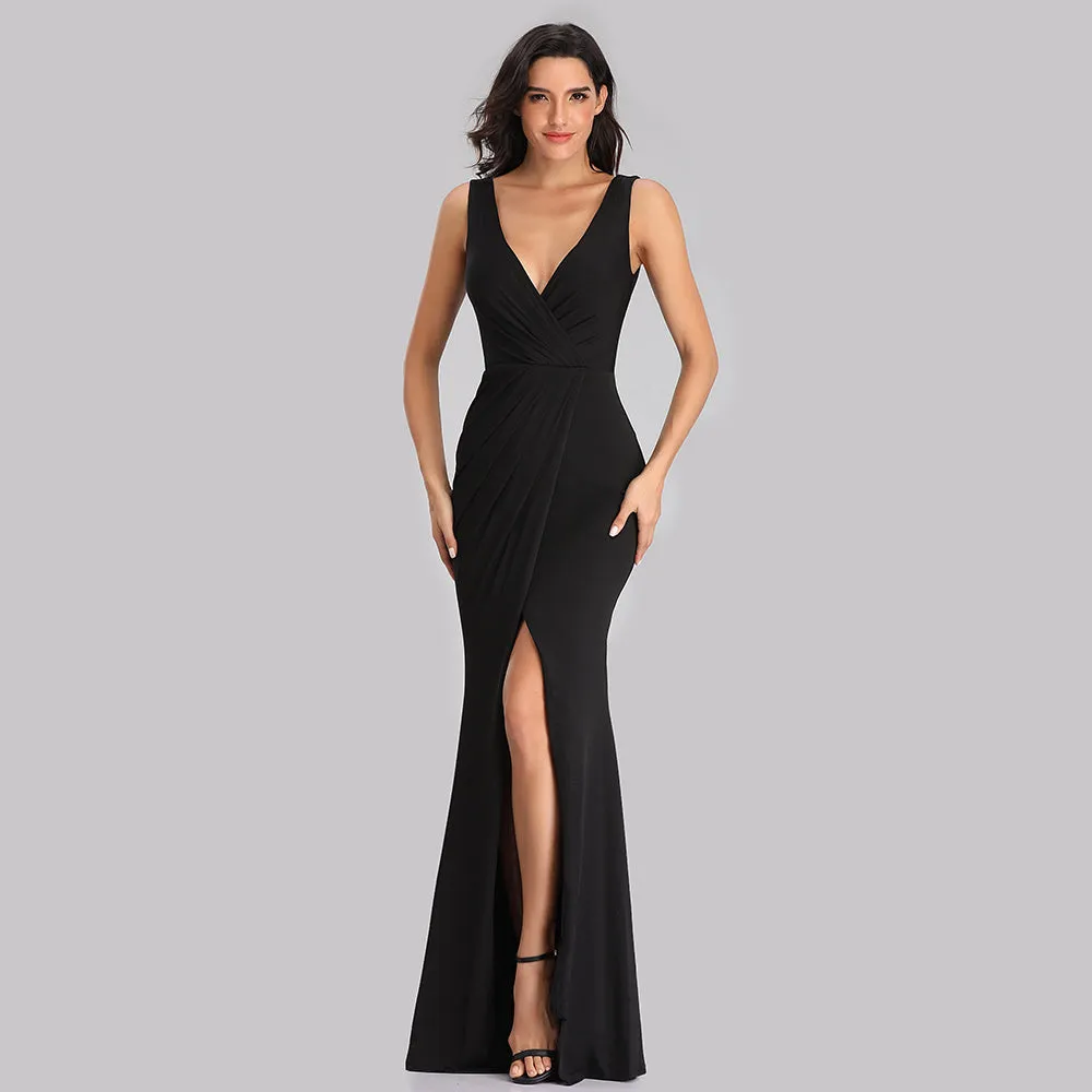 Black V Neck Long Mermaid Prom Dress With Slit XU90817