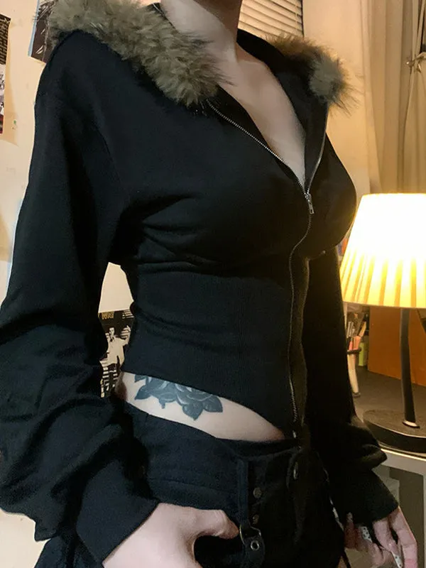 Black Y2k fur collar irregular stitching jacket