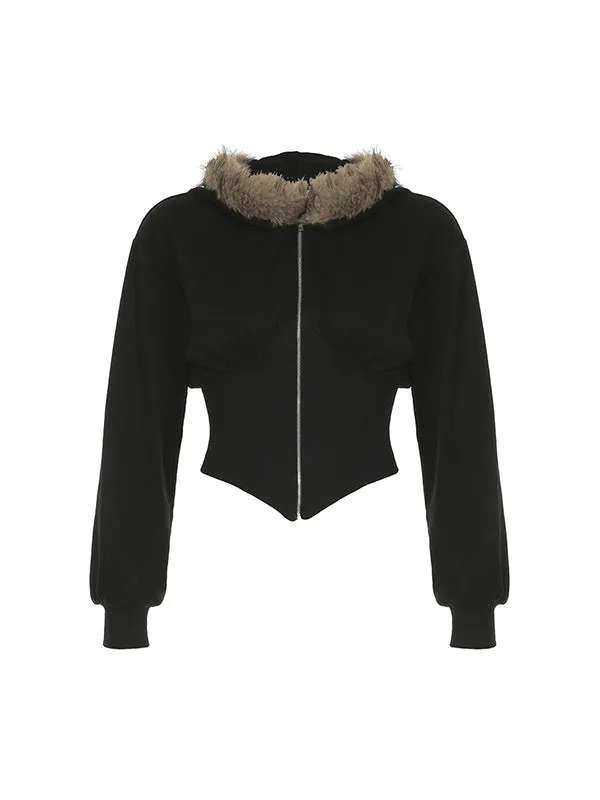 Black Y2k fur collar irregular stitching jacket
