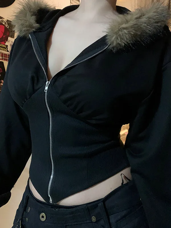 Black Y2k fur collar irregular stitching jacket