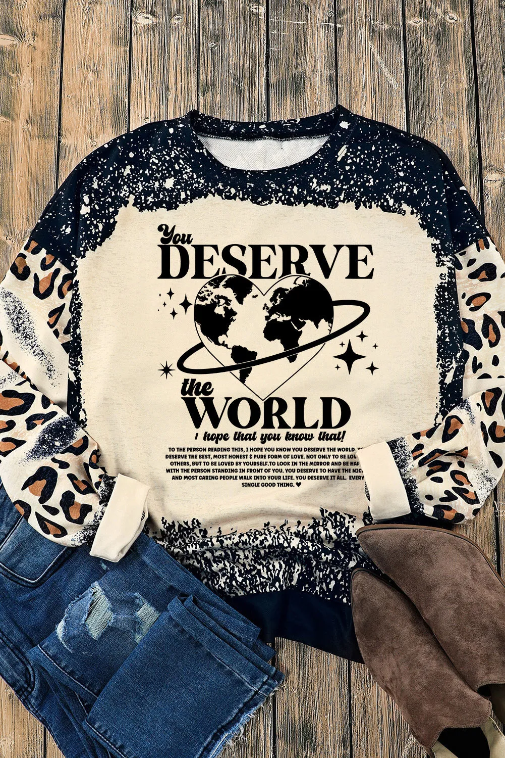 Black you DESERVE the WORLD Slogan Leopard Tie Dye Sweatshirt