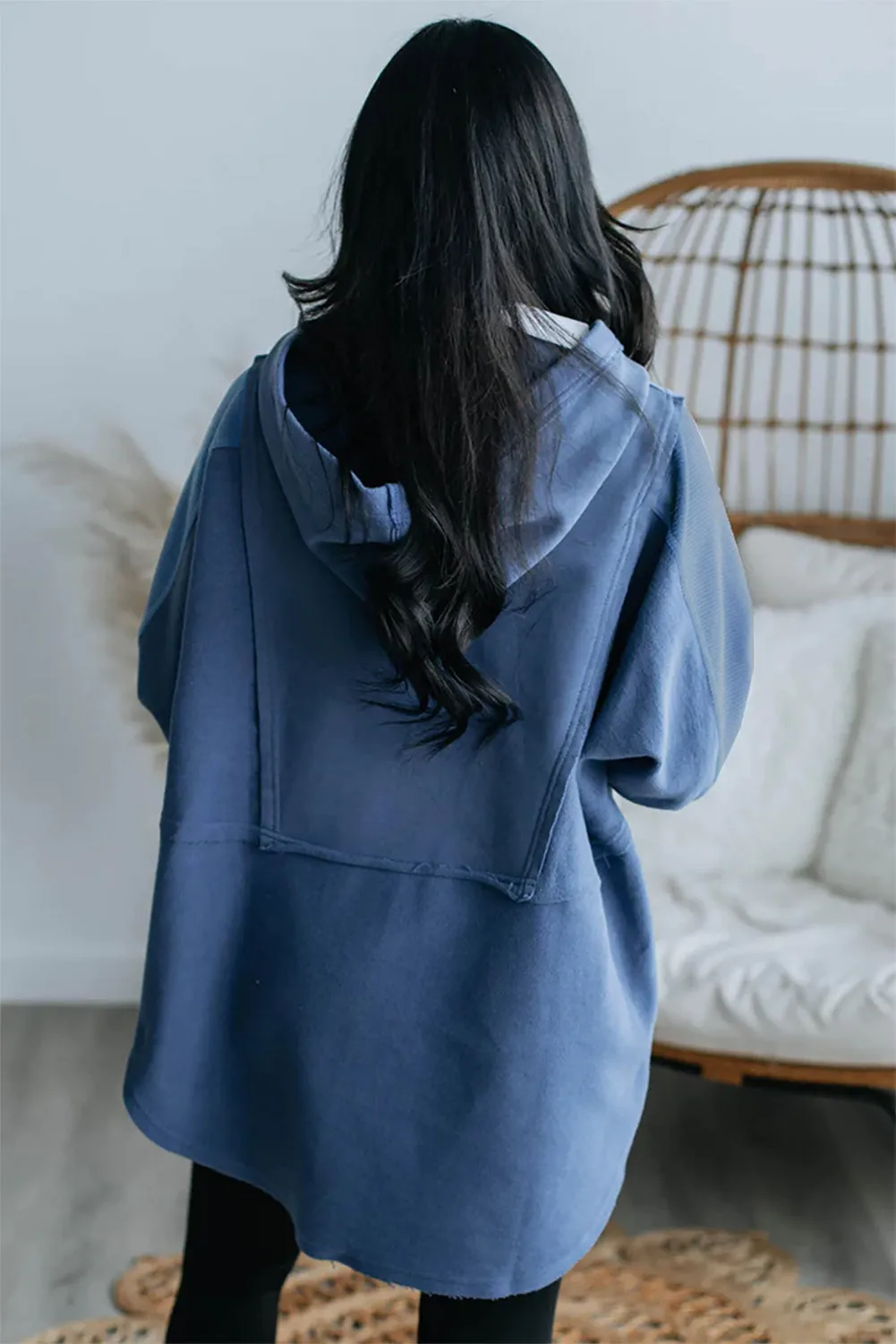 Blue Color Block Exposed Seam Buttoned Neckline Hoodie