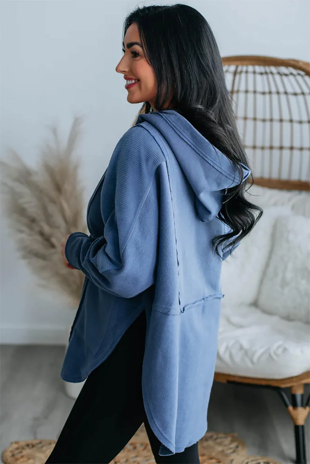 Blue Color Block Exposed Seam Buttoned Neckline Hoodie