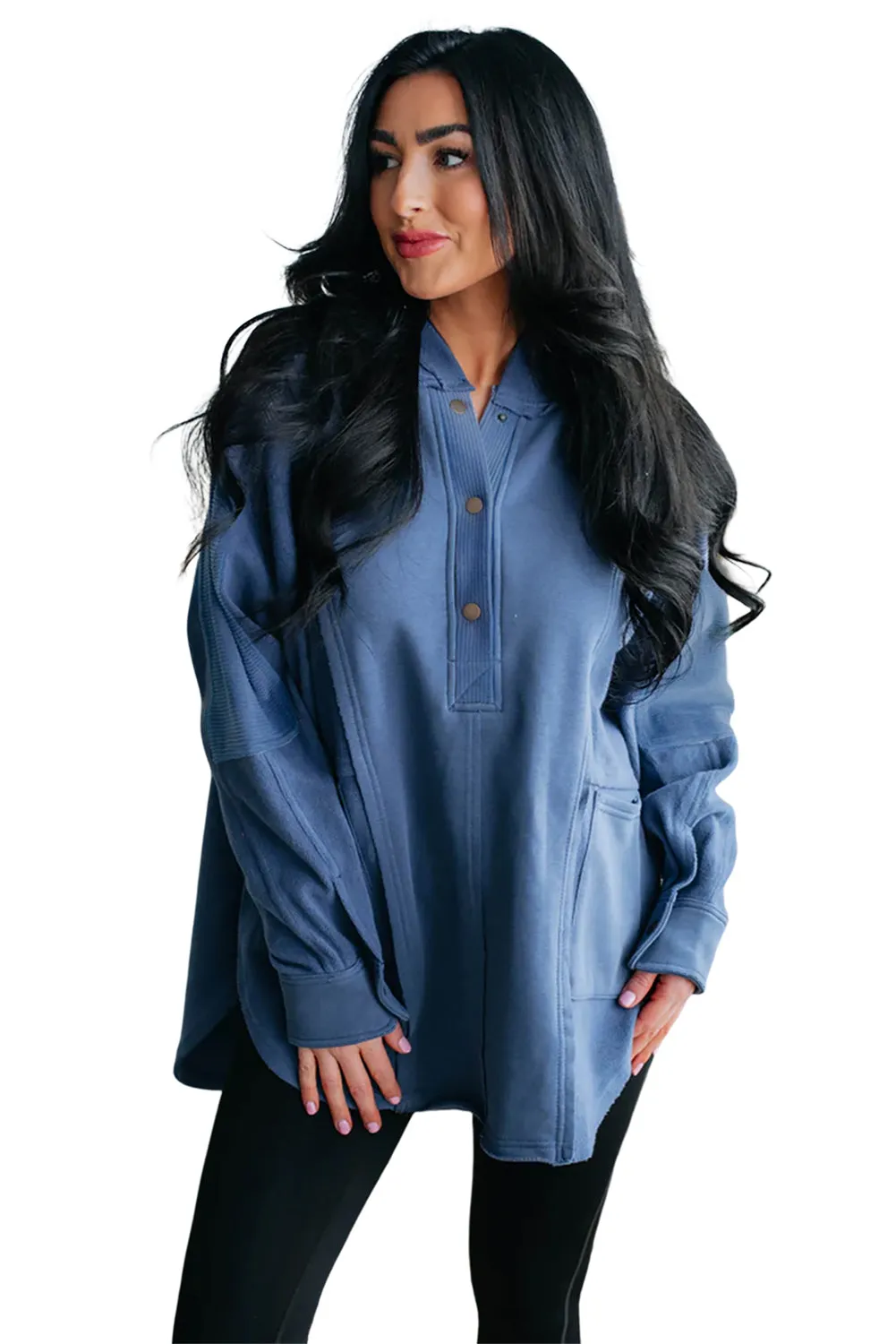 Blue Color Block Exposed Seam Buttoned Neckline Hoodie