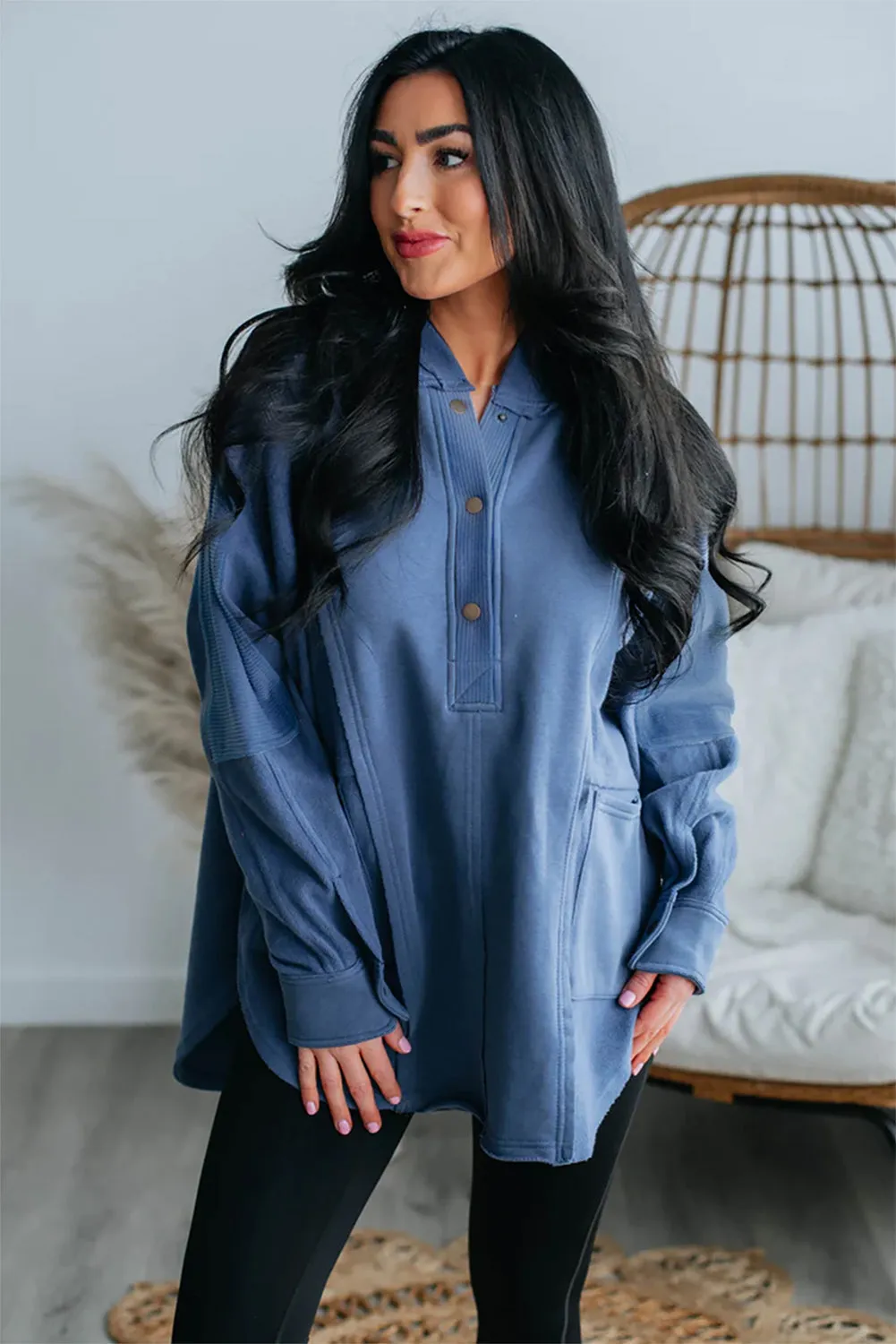 Blue Color Block Exposed Seam Buttoned Neckline Hoodie