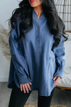 Blue Color Block Exposed Seam Buttoned Neckline Hoodie