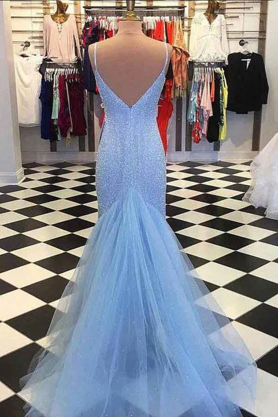 Blue Dazzling Beading Sheath Prom Dress Elegant Long Formal Graduation Dress OKX34