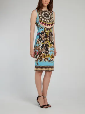 Blue Printed Rear Zip Sheath Dress