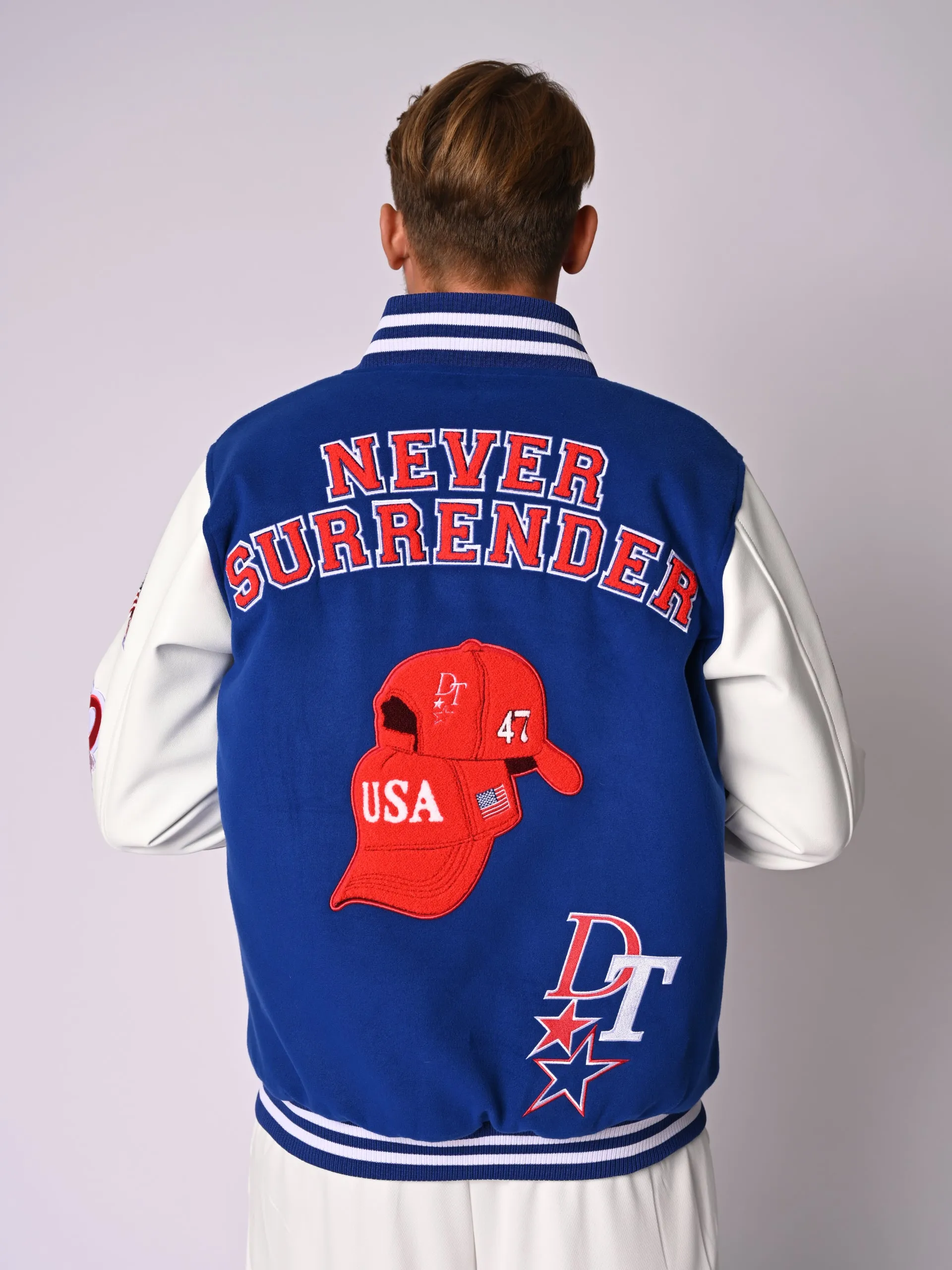 Blue Varsity Jacket Never Surrender Wear