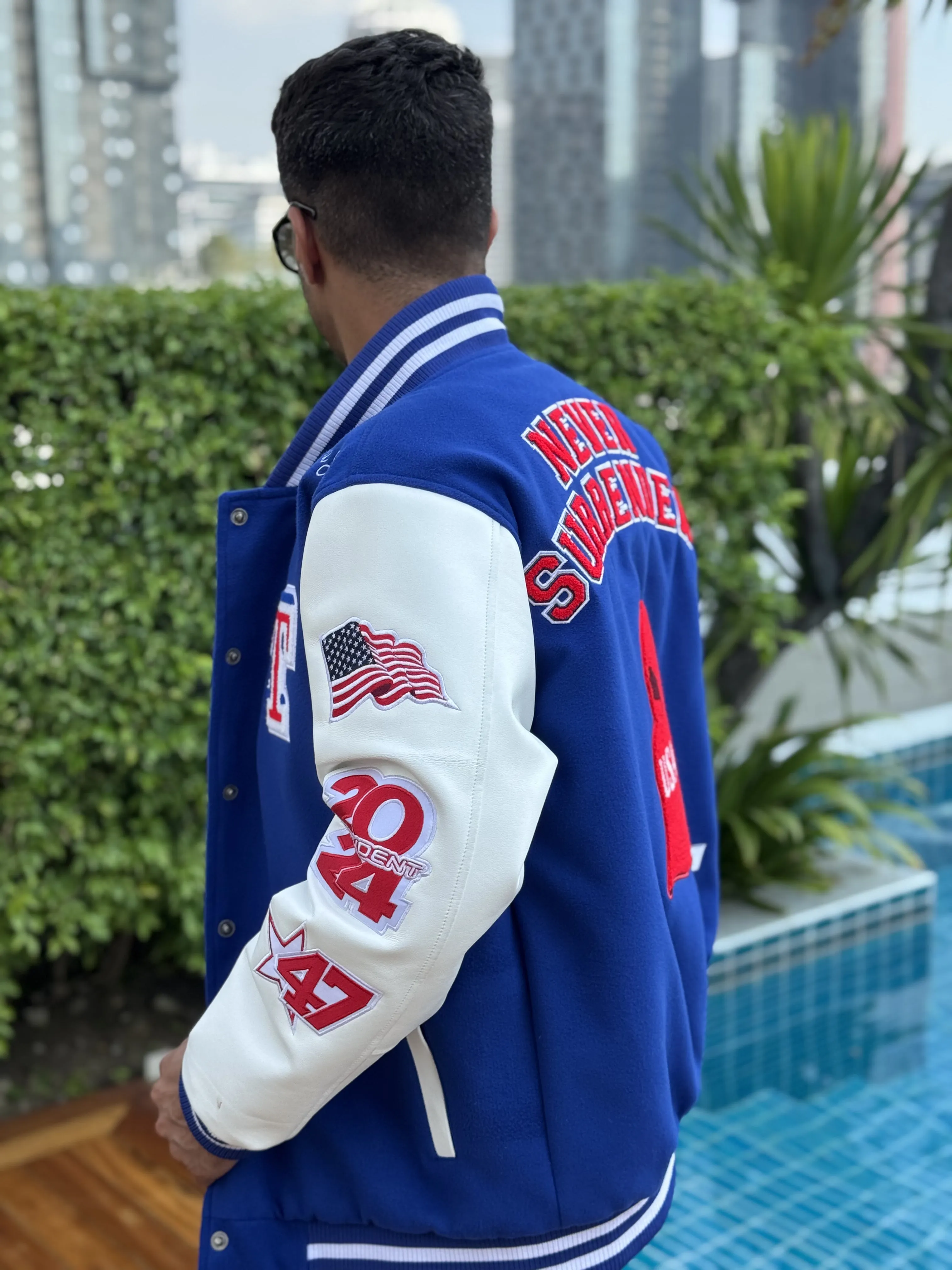 Blue Varsity Jacket Never Surrender Wear
