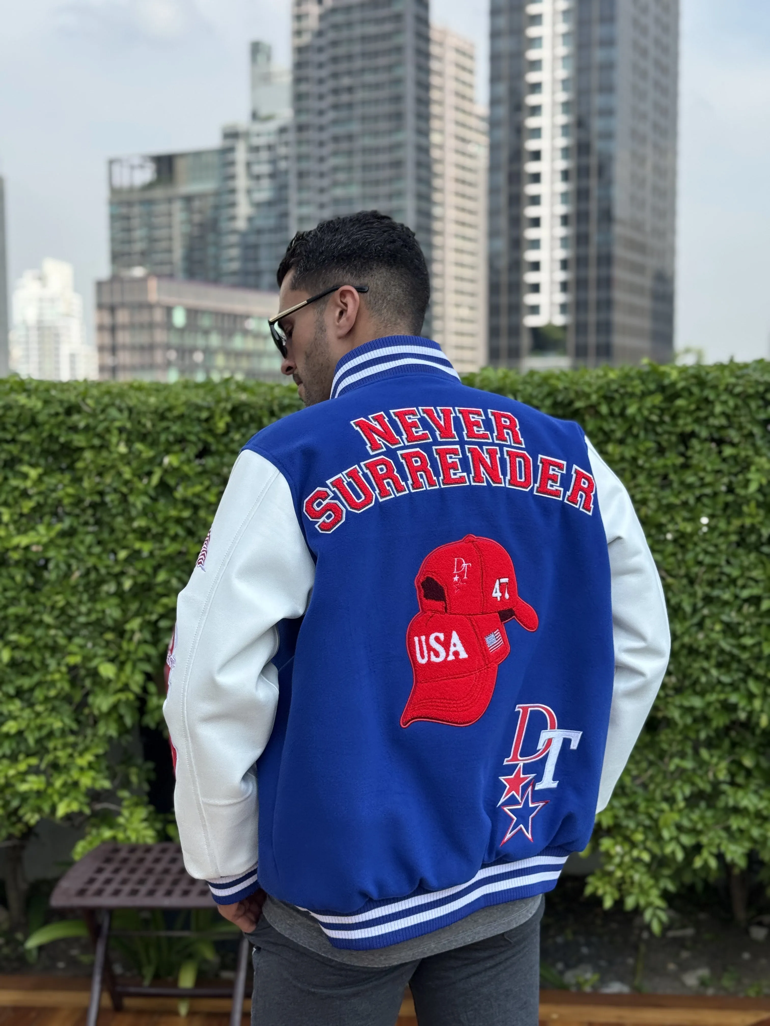 Blue Varsity Jacket Never Surrender Wear