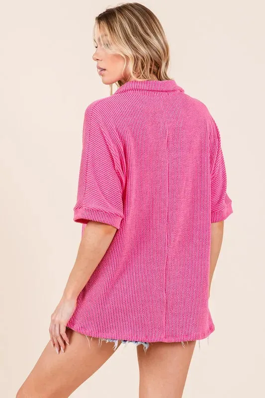 BOMBOM Ribbed Collared Neck Top