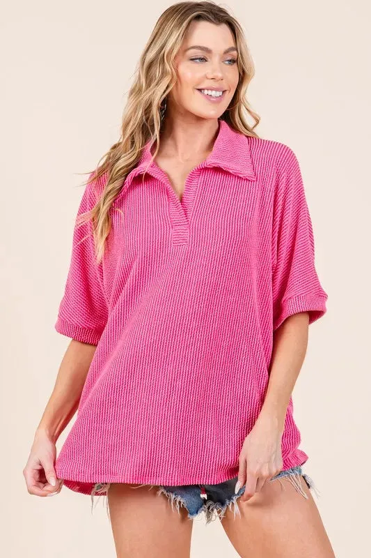 BOMBOM Ribbed Collared Neck Top