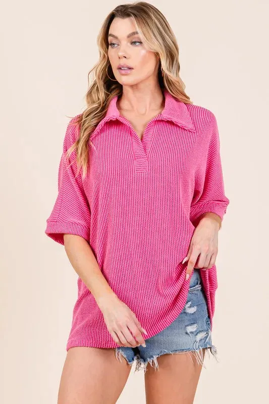 BOMBOM Ribbed Collared Neck Top