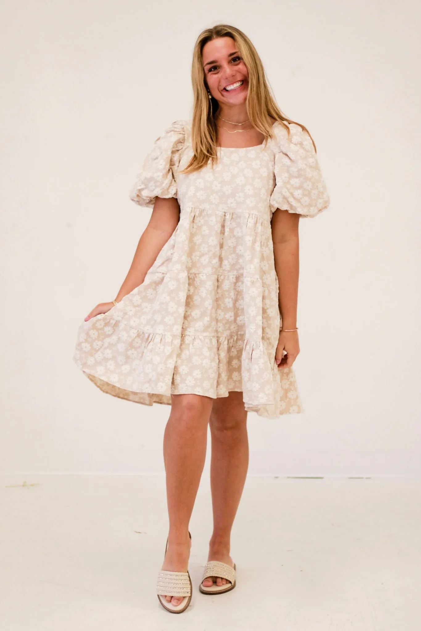 Botanical Blush Beige Puff Dress