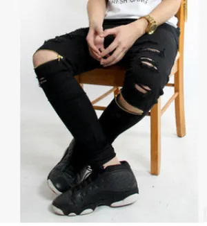 brand Hi-Street For Men Ripped Biker Jeans Motorcycle Skinny Slim Fit Black Denim Pants Destroyed swag Joggers kanye west