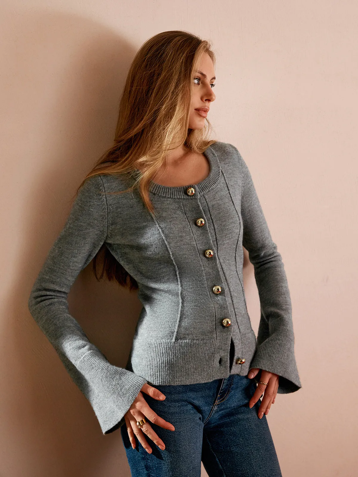 Breasted Bell Sleeve Slim Cardigan