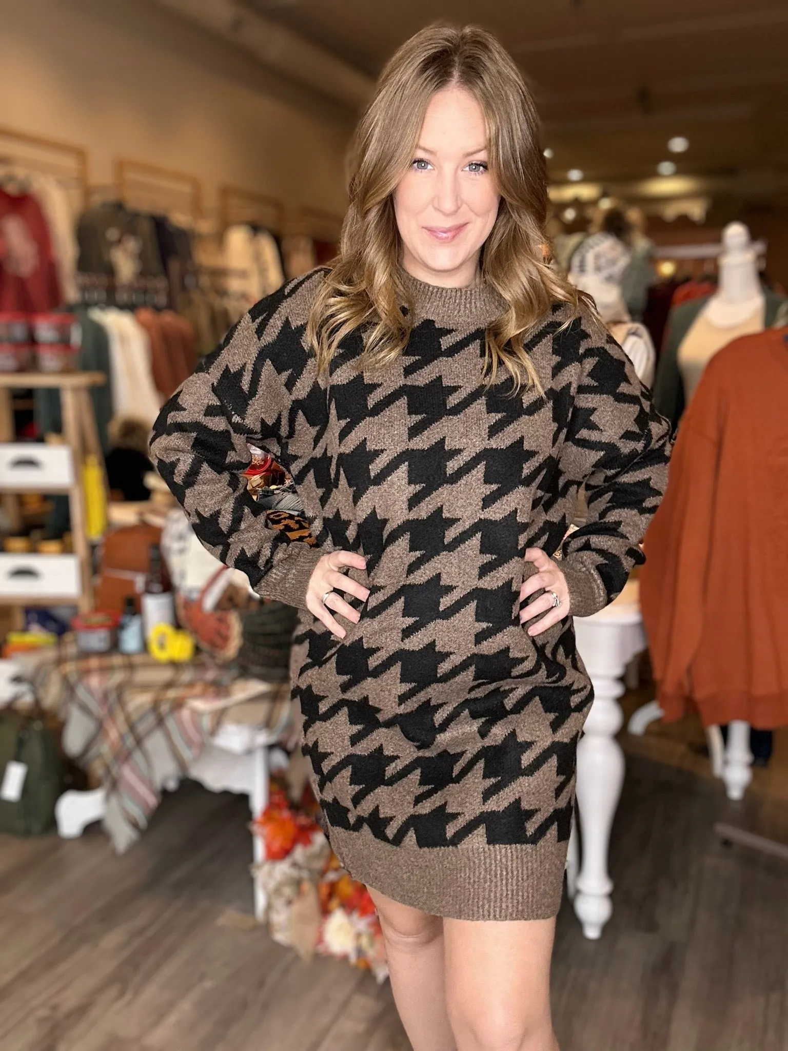 Brown Houndstooth Sweater Dress