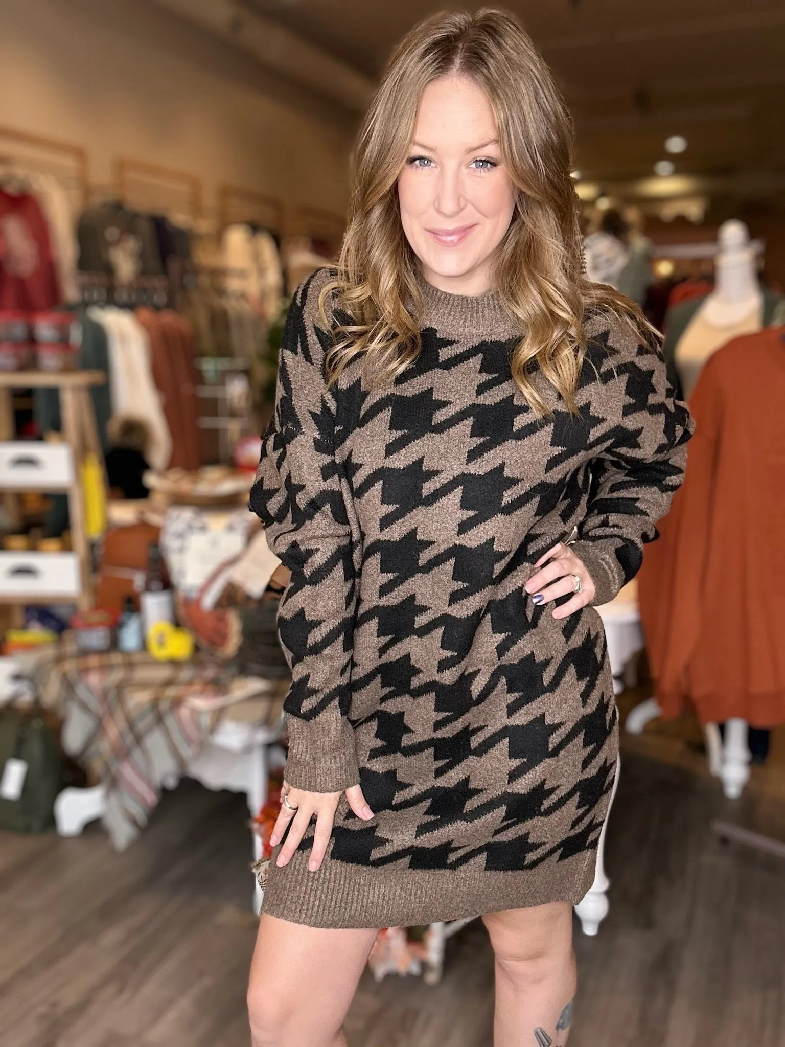 Brown Houndstooth Sweater Dress