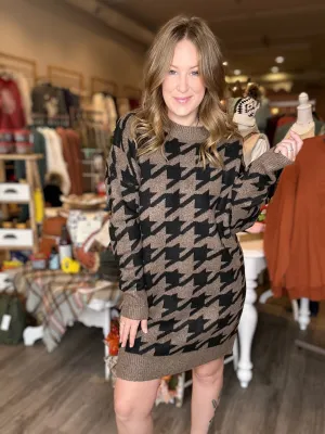 Brown Houndstooth Sweater Dress
