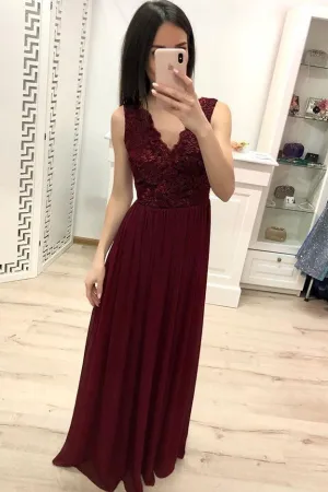 Burgundy Chiffon Lace Appliques Prom Dress, Long Cheap Prom Gown OKK30