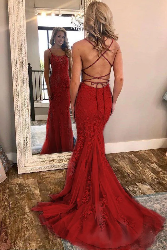 Burgundy Spaghetti Strap Mermaid Stunning Prom Dress with Lace Appliques OKJ3