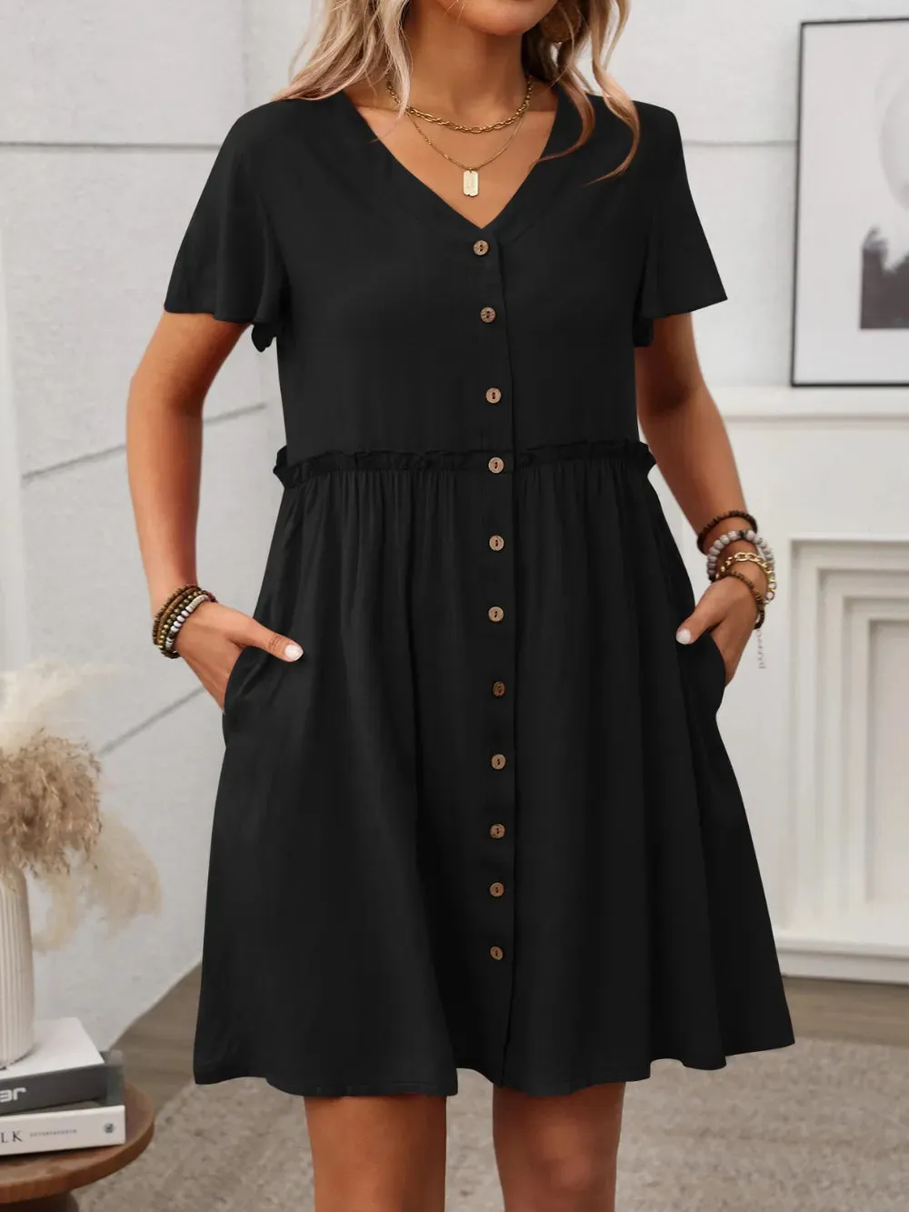 Button Front Flutter Sleeve Dress