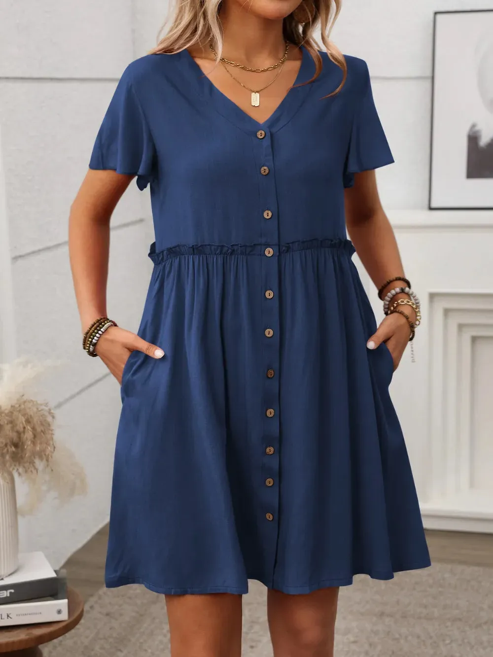Button Front Flutter Sleeve Dress