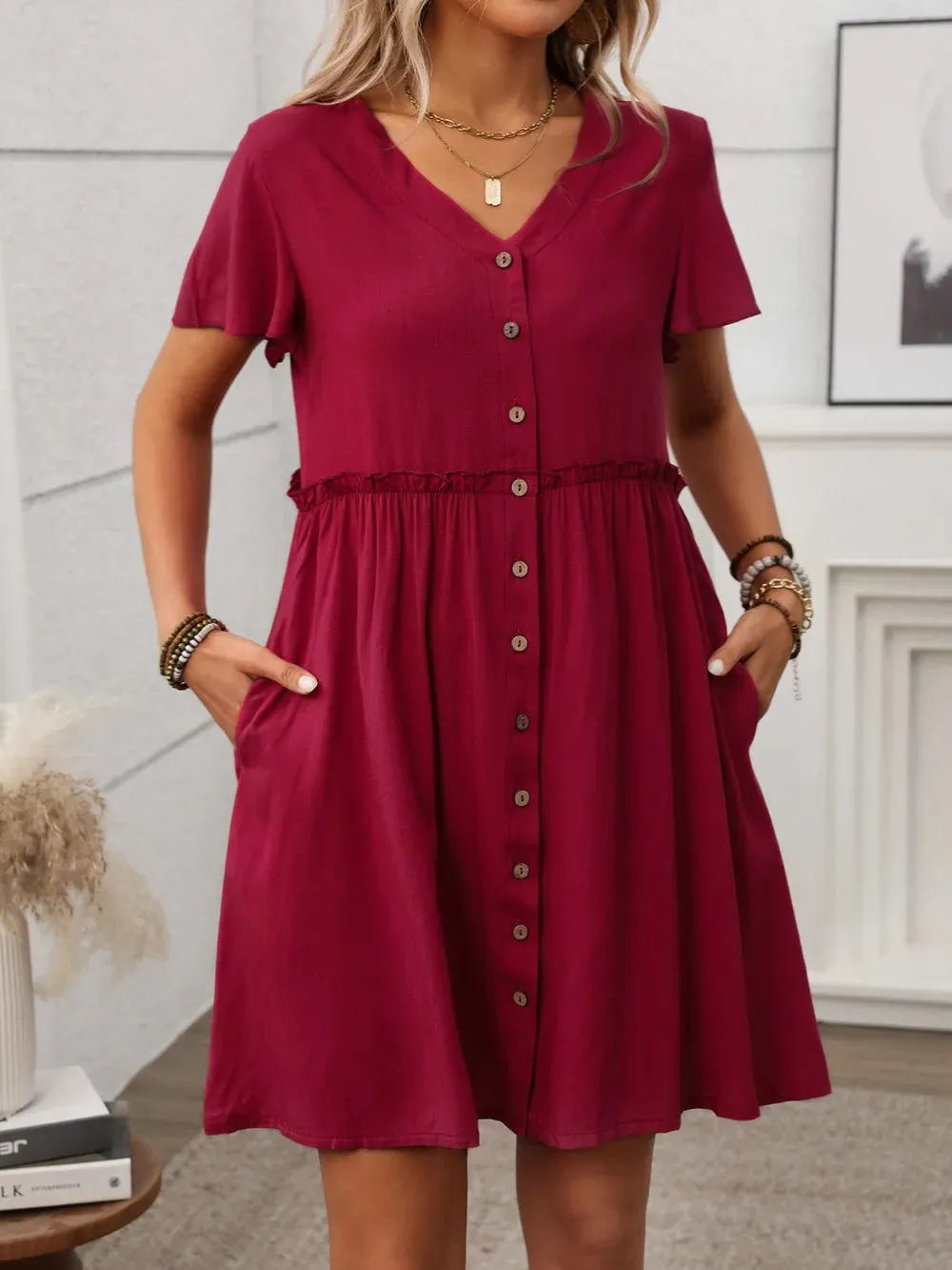 Button Front Flutter Sleeve Dress