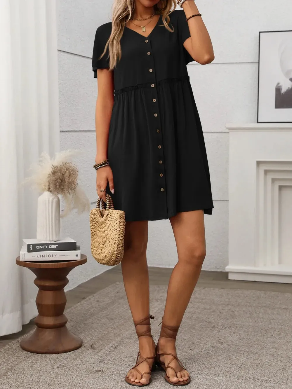 Button Front Flutter Sleeve Dress