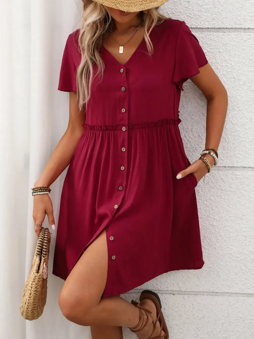 Button Front Flutter Sleeve Dress