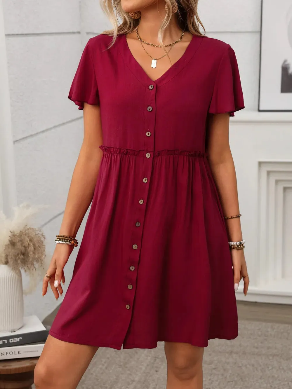 Button Front Flutter Sleeve Dress