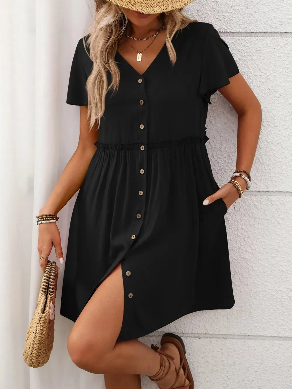 Button Front Flutter Sleeve Dress