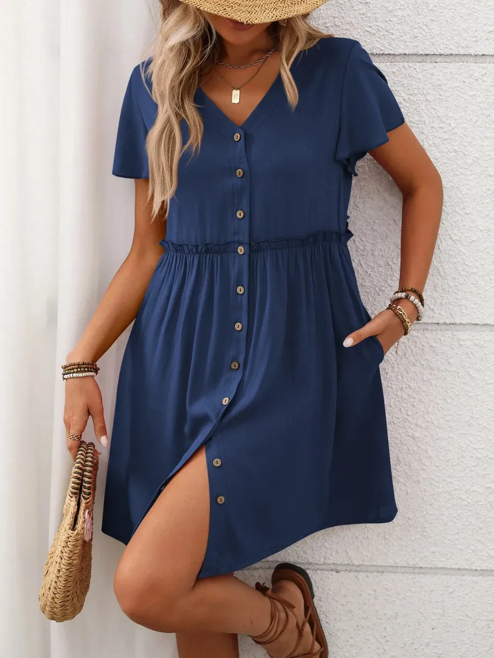 Button Front Flutter Sleeve Dress