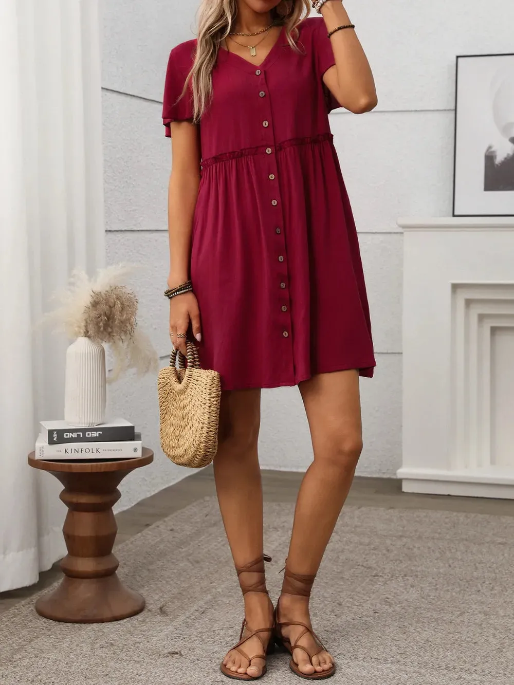 Button Front Flutter Sleeve Dress