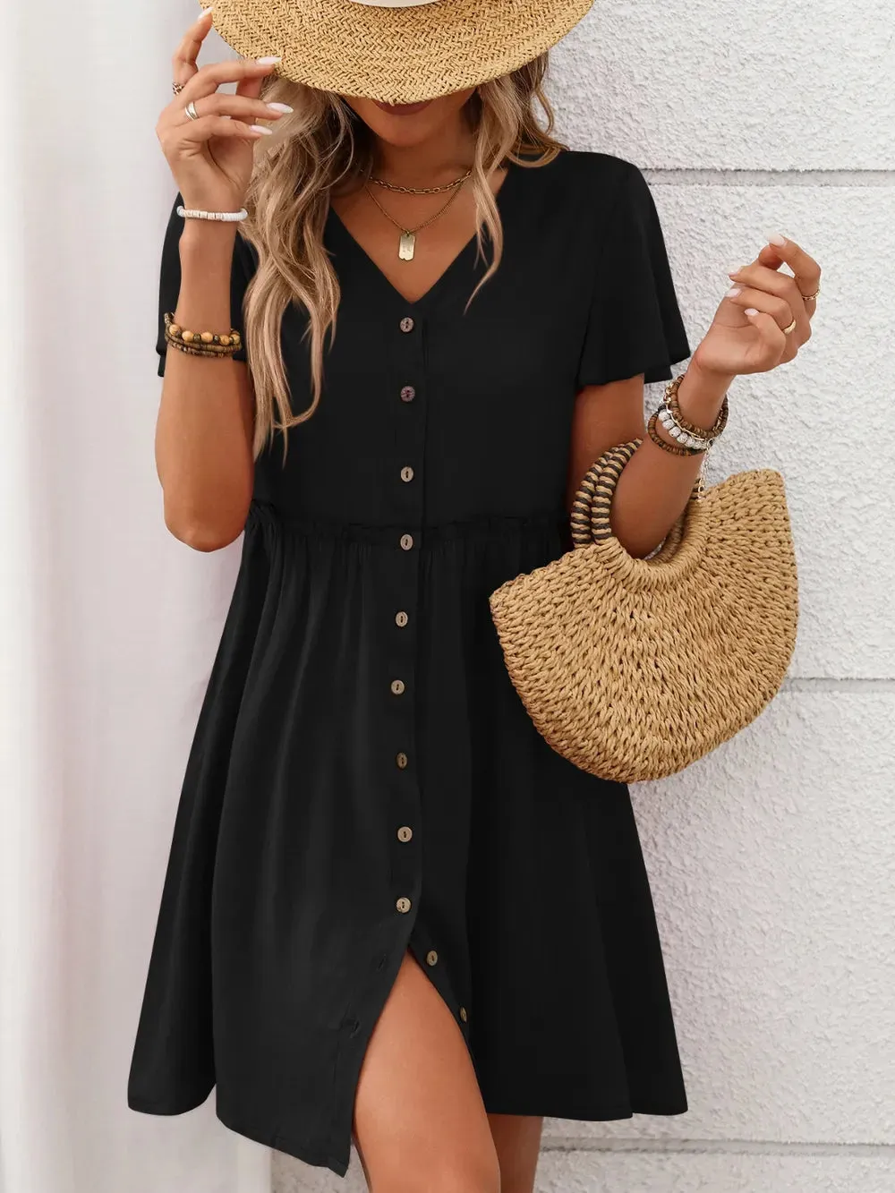 Button Front Flutter Sleeve Dress