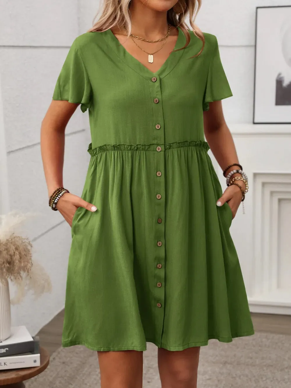 Button Front Flutter Sleeve Dress