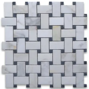 Calacatta Gold (Italian Calcutta) Marble Basketweave Mosaic Tile with Black Marble Dots, Polished