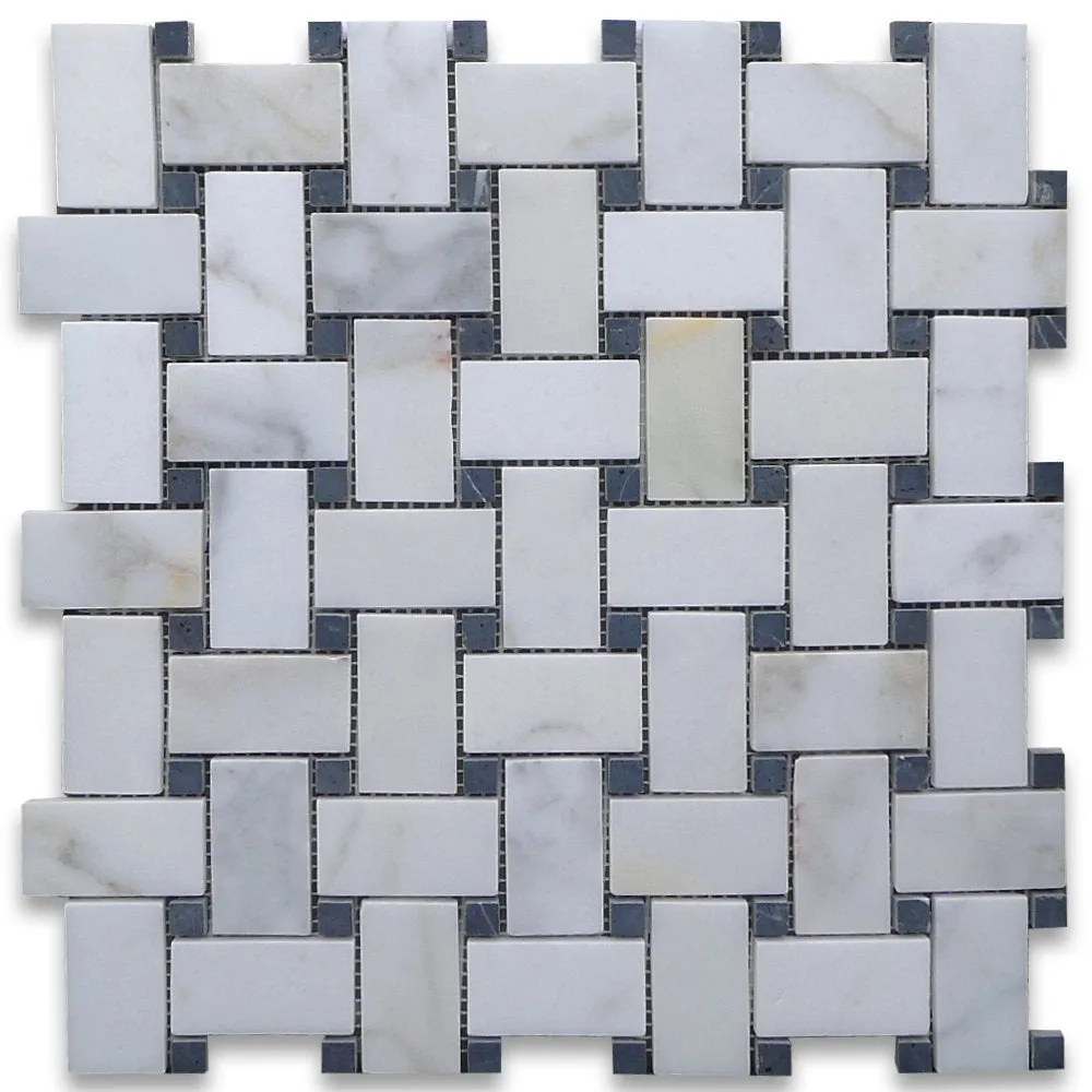 Calacatta Gold (Italian Calcutta) Marble Basketweave Mosaic Tile with Black Marble Dots, Polished