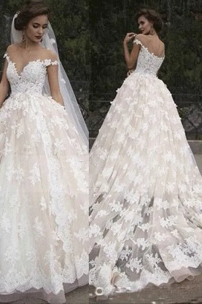 Cap Sleeves Lace Wedding Dress with Transparent Neckline
