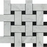 Carrara White Italian (Bianco Carrara) Marble Large Basketweave Mosaic Tile with Black Marble Dots, Polished