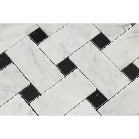 Carrara White Italian (Bianco Carrara) Marble Large Basketweave Mosaic Tile with Black Marble Dots, Polished